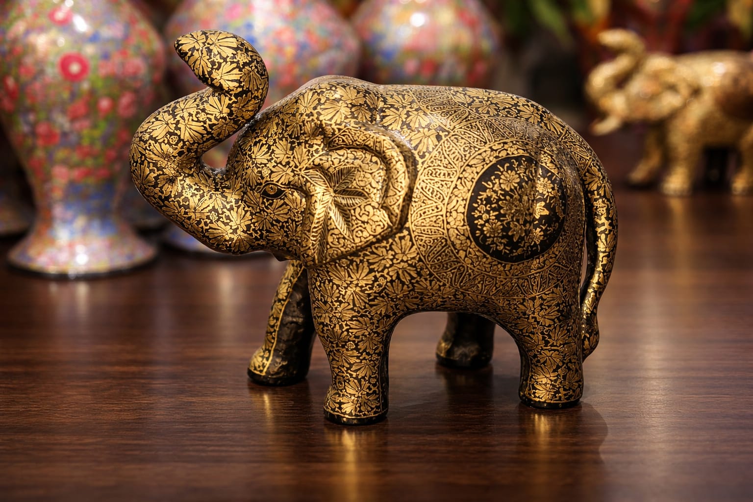 Paper mache elephant sculpture hand painted,trunk up elephant statue,vintage paper mache animal sculpture from Kashmir embosed floral design